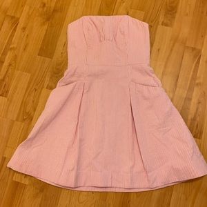 Lilly Pulitzer pink seersucker strapless dress.